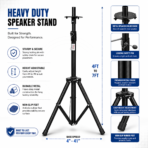 Professional Heavy Duty Speaker Stand (35mm, Adjustable Height, Steel Tripod) - Image 4