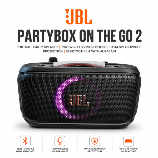 JBL PartyBox On The Go 2 Bluetooth speaker with 2 mic IPX4 black